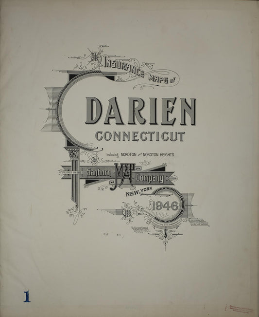 Sanborn Fire Insurance Map from Darien, Fairfield County, Connecticut (1946), Sheet #0001 - Historic Sanborn Fire Insurance Map Print, vintage old map wall art, antique decor, genealogy gift, Connecticut Connecticut map