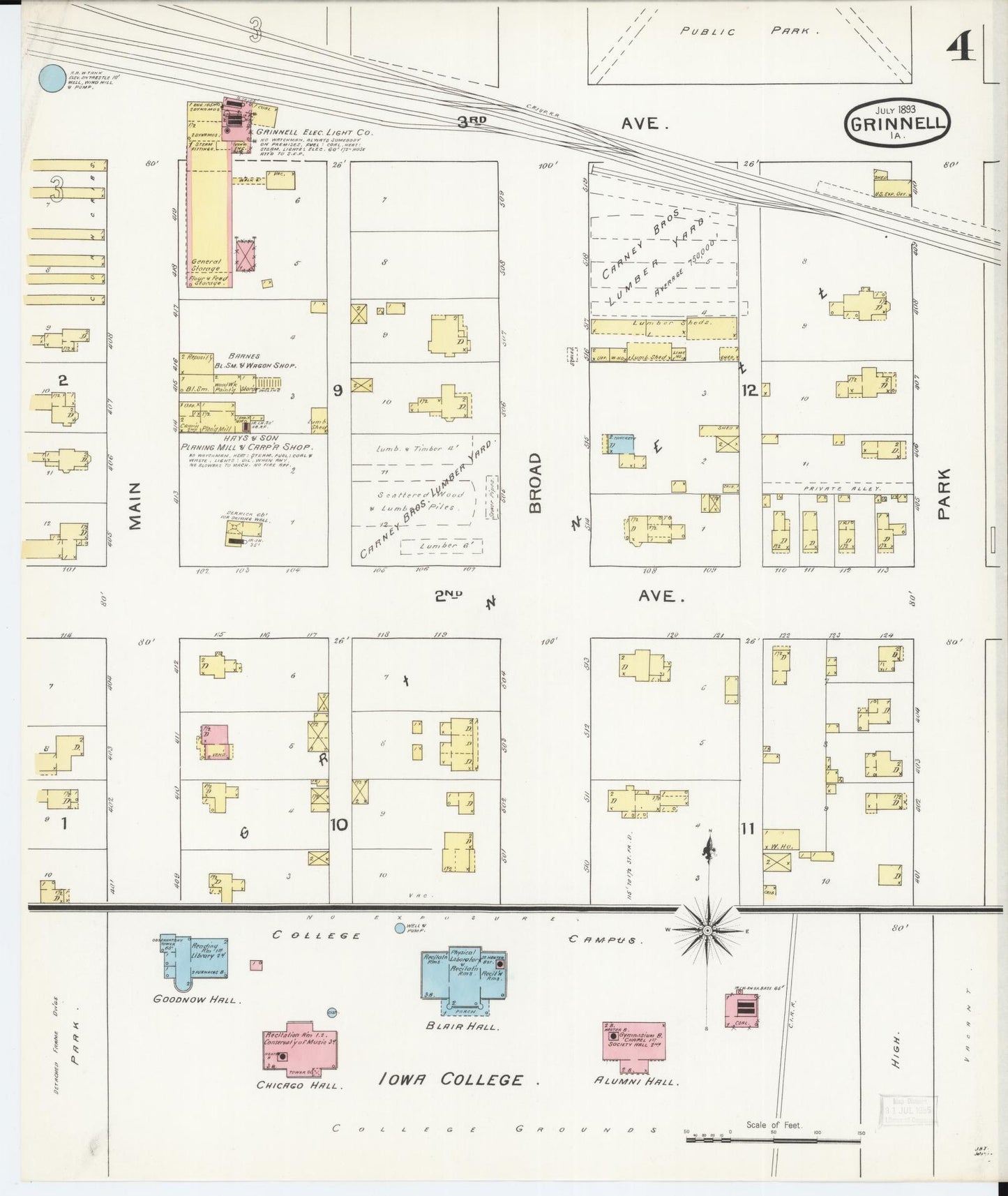 Sanborn Fire Insurance Map from Grinnell, Poweshiek County, Iowa (1893), Sheet #0004 - Historic Sanborn Fire Insurance Map Print, vintage old map wall art