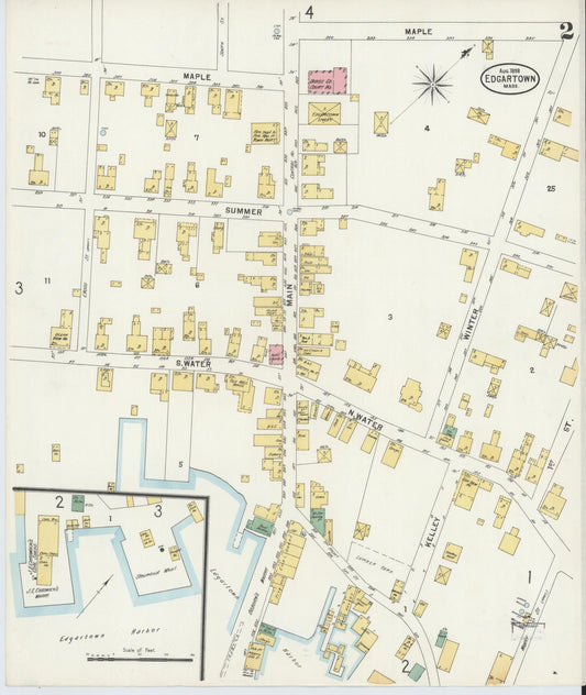 Sanborn Fire Insurance Map from Edgartown, Dukes County, Massachusetts (1898), Sheet #0002 - Historic Sanborn Fire Insurance Map Print, vintage old map wall art, antique decor, genealogy gift, Massachusetts Massachusetts map