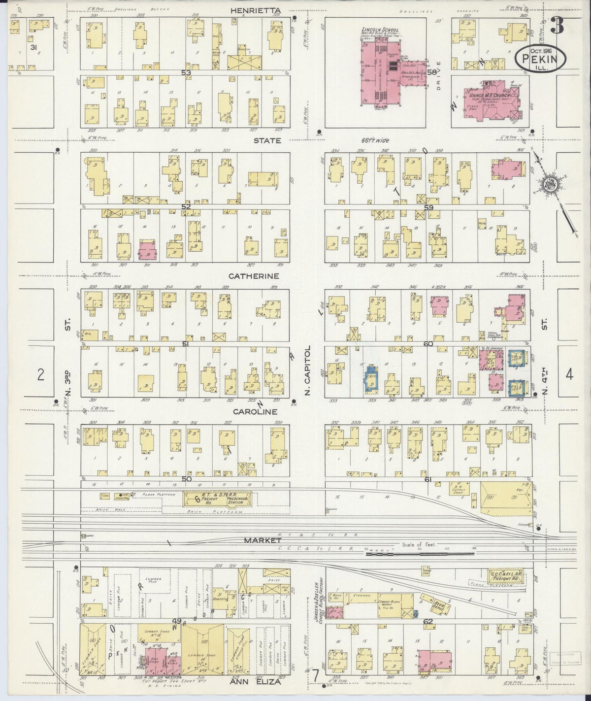 Sanborn Fire Insurance Map from Pekin, Tazewell County, Illinois (1916), Sheet #0003 - Complete Map Set gallery image, historic Sanborn map, vintage wall art, Illinois Illinois