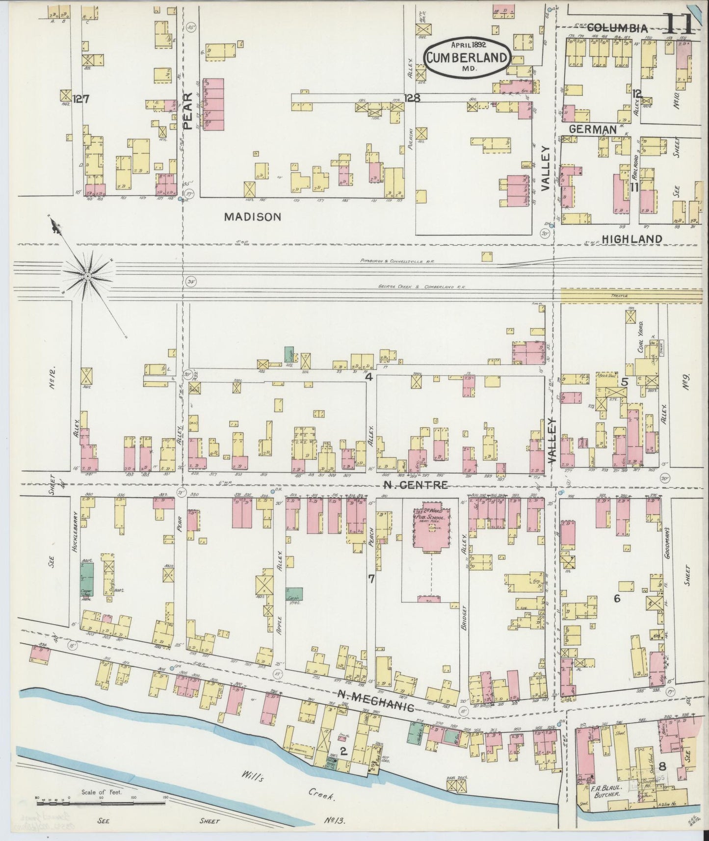 Sanborn Fire Insurance Map from Cumberland, Allegany County, Maryland (1892), Sheet #0011 - Historic Sanborn Fire Insurance Map Print, vintage old map wall art, antique decor, genealogy gift, Maryland Maryland map