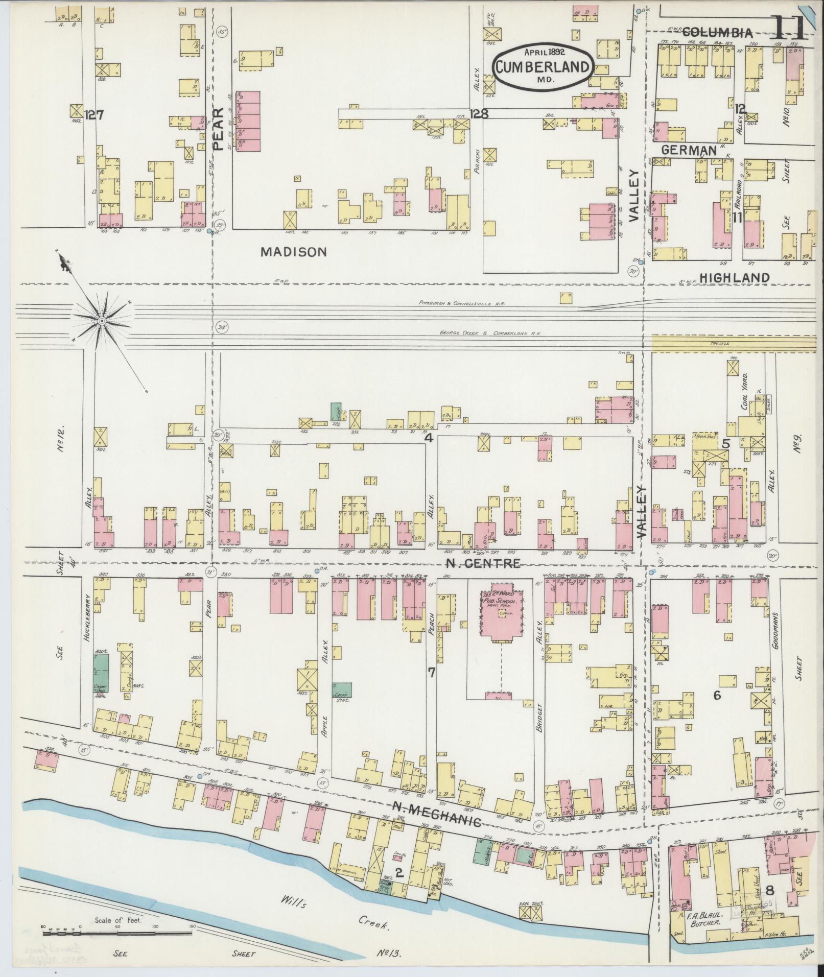 Sanborn Fire Insurance Map from Cumberland, Allegany County, Maryland (1892), Sheet #0011 - Historic Sanborn Fire Insurance Map Print, vintage old map wall art, antique decor, genealogy gift, Maryland Maryland map