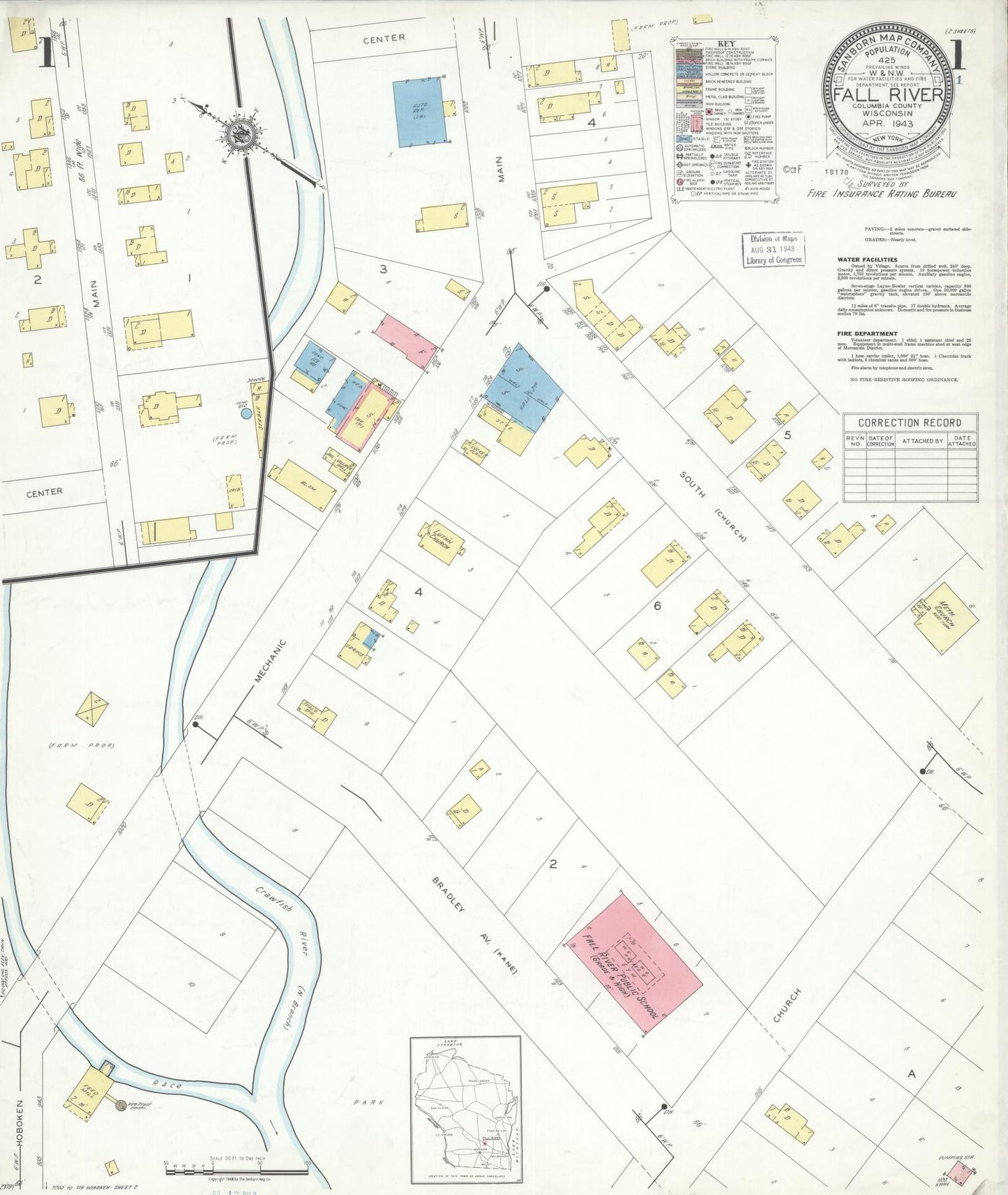 Sanborn Fire Insurance Map from Fall River, Columbia County, Wisconsin (1943), Sheet #0001 - Complete Map Set gallery image, historic Sanborn map, vintage wall art, Wisconsin Wisconsin