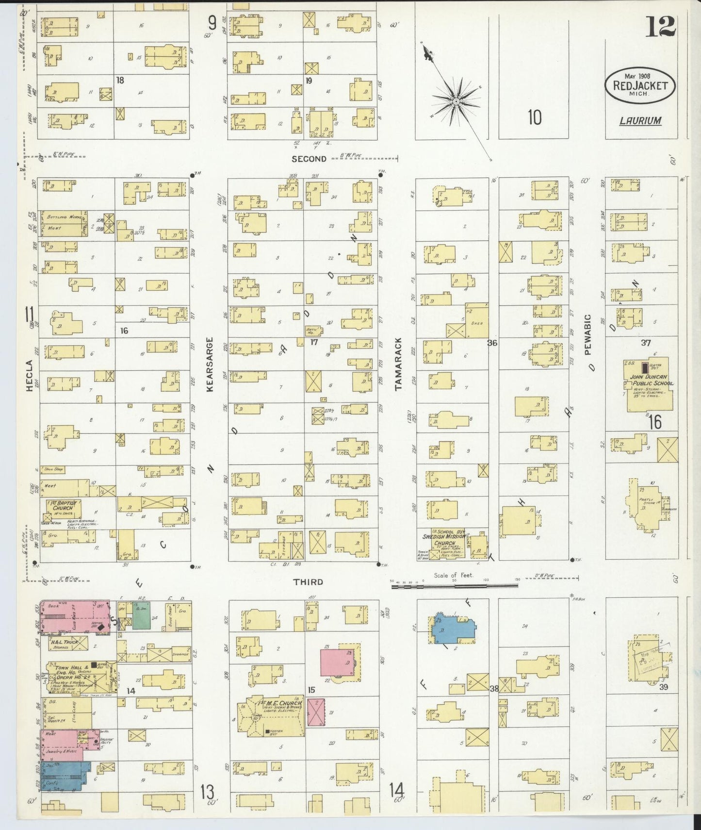 Sanborn Fire Insurance Map from Red Jacket, Houghton County, Michigan (1908), Sheet #0012 - Historic Sanborn Fire Insurance Map Print, vintage old map wall art, antique decor, genealogy gift, Michigan Michigan map