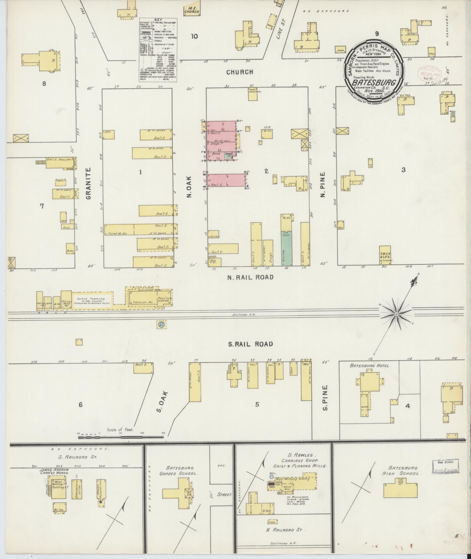 Sanborn Fire Insurance Map from Batesburg, Lexington And Saluda Counties, South Carolina (1895), Sheet #0001 - Historic Sanborn Fire Insurance Map Print, vintage old map wall art, antique decor, genealogy gift, South Carolina South Carolina map