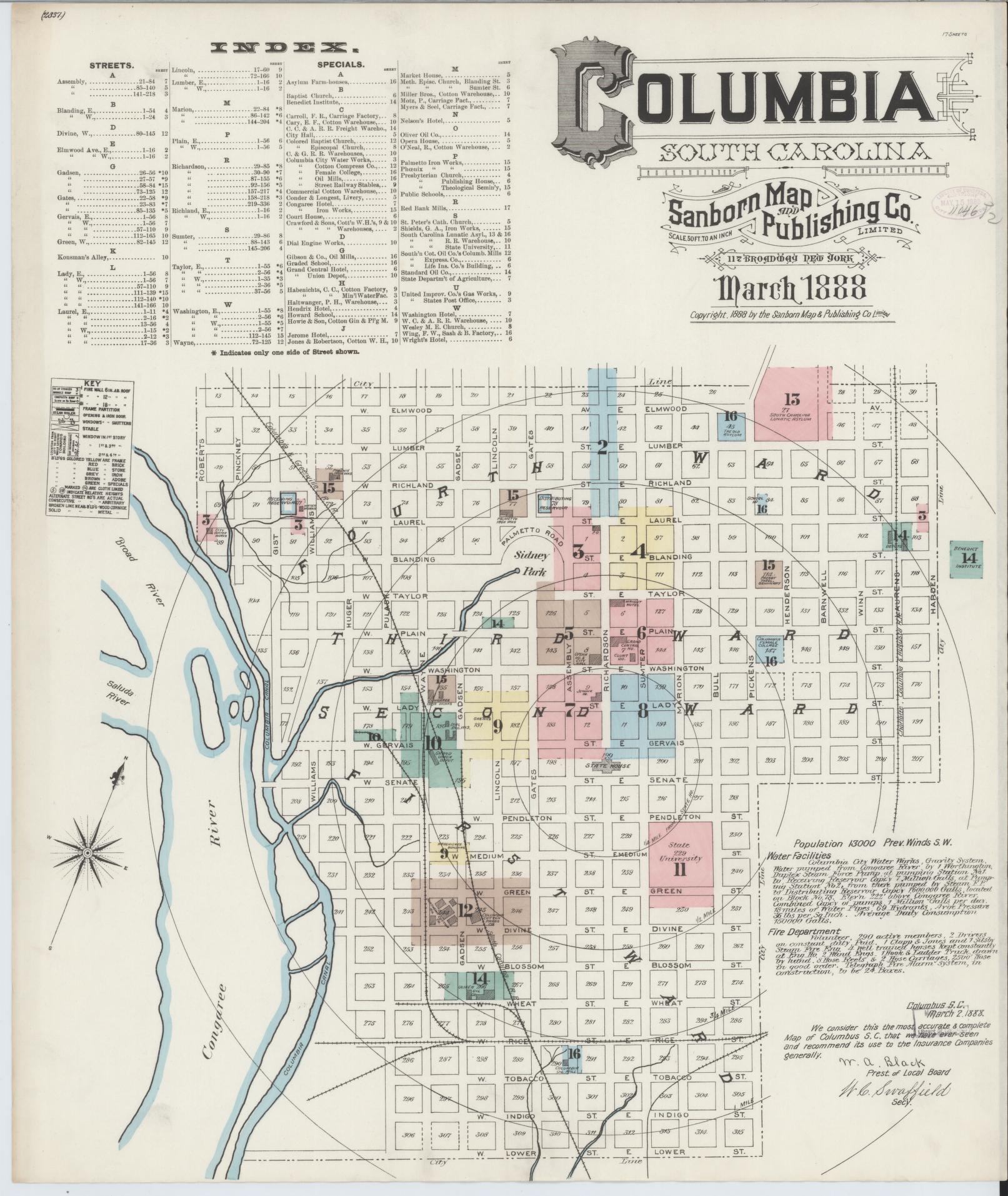 Sanborn Fire Insurance Map from Columbia, Richland County, South Carolina (1888), Sheet #0001 - Complete Map Set gallery image, historic Sanborn map, vintage wall art, South Carolina South Carolina