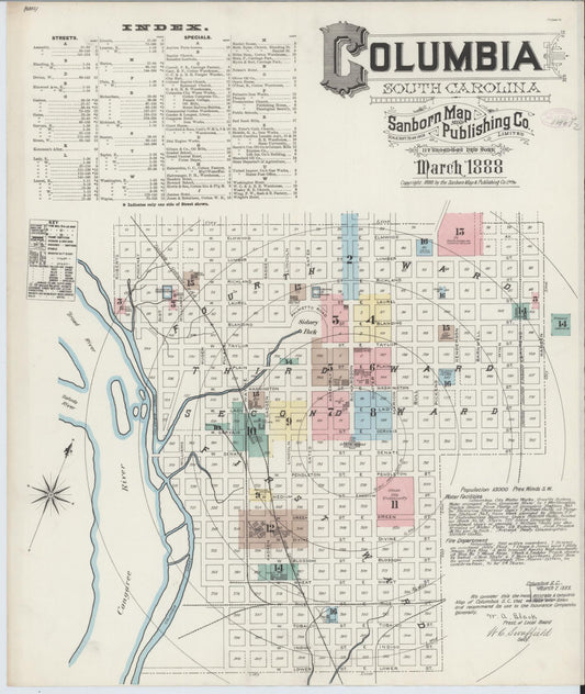 Sanborn Fire Insurance Map from Columbia, Richland County, South Carolina (1888), Sheet #0001 - Complete Map Set gallery image, historic Sanborn map, vintage wall art, South Carolina South Carolina