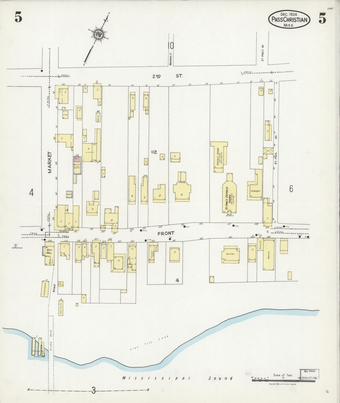 Sanborn Fire Insurance Map from Pass Christian, Harrison County, Mississippi (1924), Sheet #0005 - Historic Sanborn Fire Insurance Map Print, vintage old map wall art, antique decor, genealogy gift, Mississippi Mississippi map