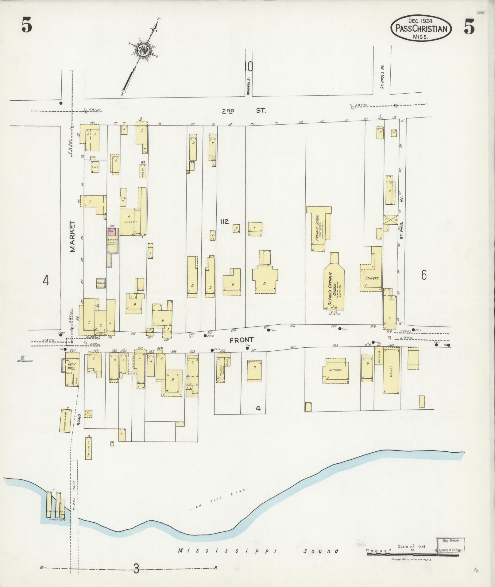 Sanborn Fire Insurance Map from Pass Christian, Harrison County, Mississippi (1924), Sheet #0005 - Historic Sanborn Fire Insurance Map Print, vintage old map wall art, antique decor, genealogy gift, Mississippi Mississippi map