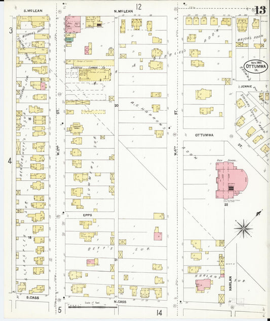 Sanborn Fire Insurance Map from Ottumwa, Wapello County, Iowa (1902), Sheet #0013 - Historic Sanborn Fire Insurance Map Print, vintage old map wall art