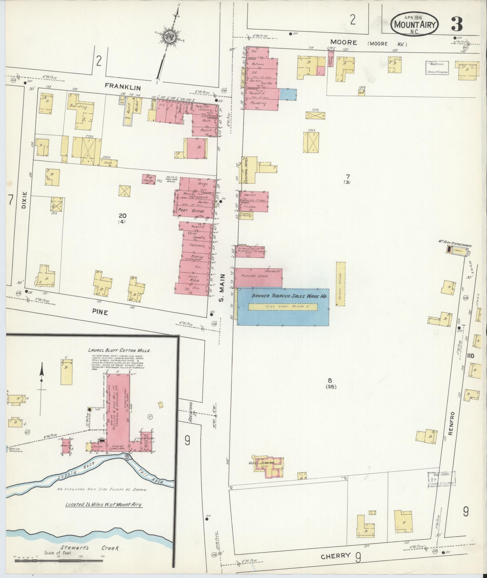 Sanborn Fire Insurance Map from Mount Airy, Surry County, North Carolina (1916), Sheet #0003 - Complete Map Set gallery image, historic Sanborn map, vintage wall art, North Carolina North Carolina