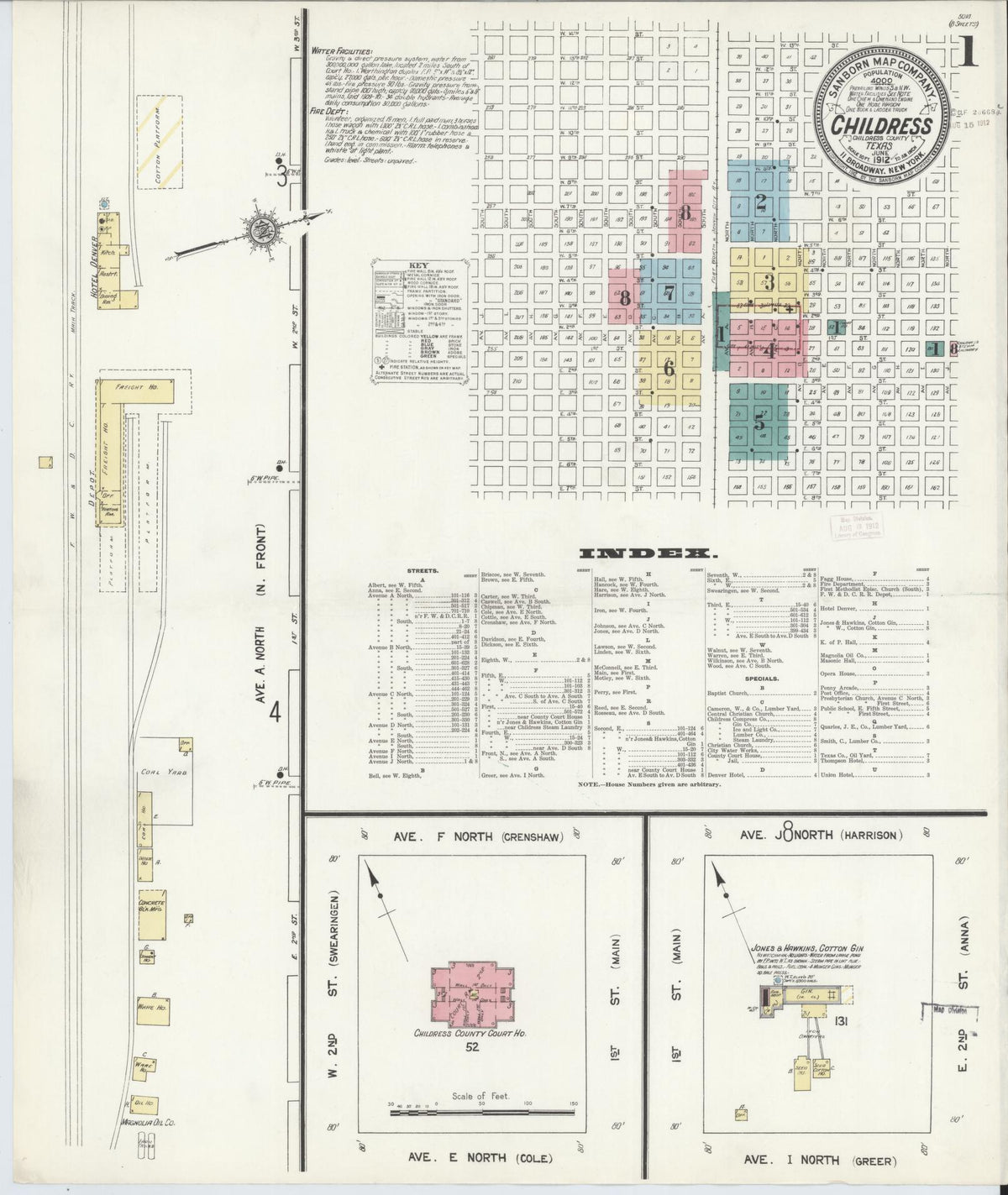 Sanborn Fire Insurance Map from Childress, Childress County, Texas (1912), Sheet #0001 - Historic Sanborn Fire Insurance Map Print, vintage old map wall art, antique decor, genealogy gift, Texas Texas map