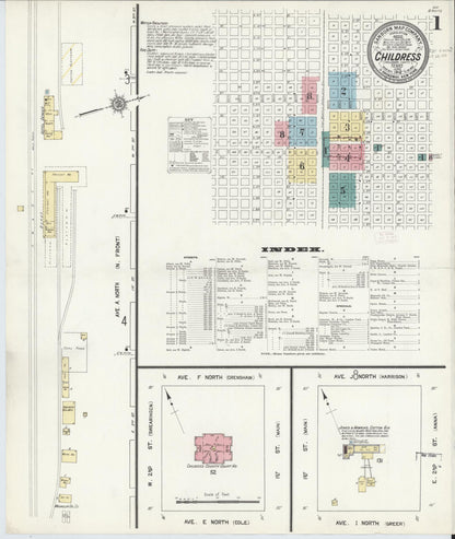 Sanborn Fire Insurance Map from Childress, Childress County, Texas (1912), Sheet #0001 - Historic Sanborn Fire Insurance Map Print, vintage old map wall art, antique decor, genealogy gift, Texas Texas map