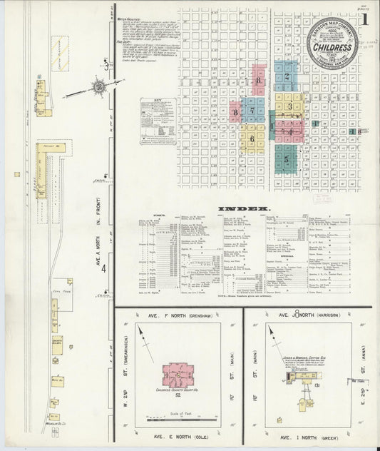 Sanborn Fire Insurance Map from Childress, Childress County, Texas (1912), Sheet #0001 - Historic Sanborn Fire Insurance Map Print, vintage old map wall art, antique decor, genealogy gift, Texas Texas map