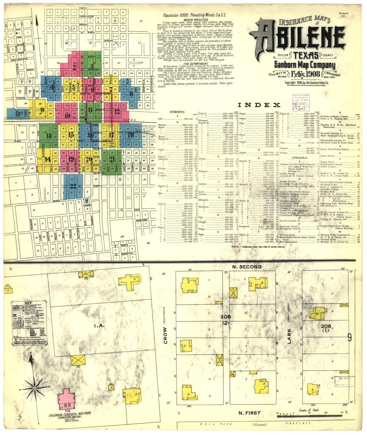 Sanborn Fire Insurance Map from Abilene, Taylor County, Texas (1908), Sheet #0001 - Historic Sanborn Fire Insurance Map Print, vintage old map wall art, antique decor, genealogy gift, Texas Texas map