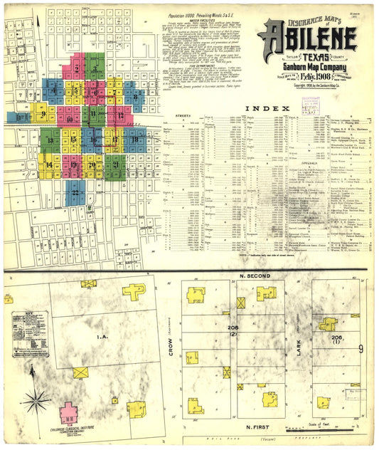 Sanborn Fire Insurance Map from Abilene, Taylor County, Texas (1908), Sheet #0001 - Historic Sanborn Fire Insurance Map Print, vintage old map wall art, antique decor, genealogy gift, Texas Texas map