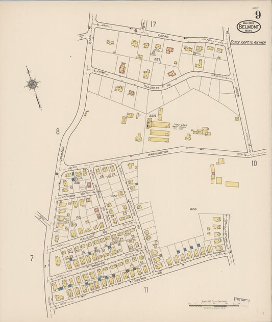 Sanborn Fire Insurance Map from Belmont, Middlesex County, Massachusetts (1922), Sheet #0009 - Historic Sanborn Fire Insurance Map Print, vintage old map wall art, antique decor, genealogy gift, Massachusetts Massachusetts map