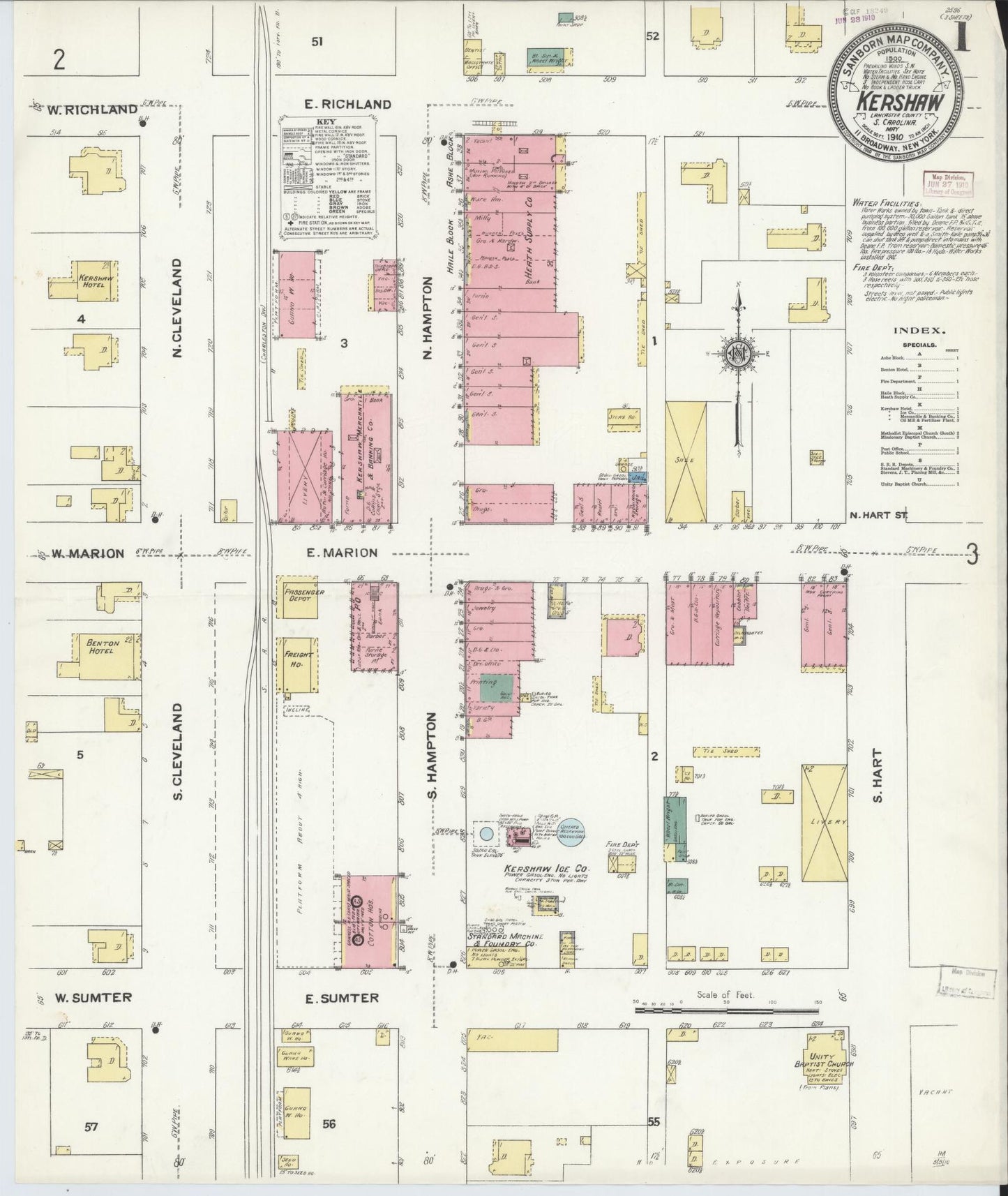 Sanborn Fire Insurance Map from Kershaw, Kershaw And Lancaster Counties, South Carolina (1910), Sheet #0001 - Complete Map Set gallery image, historic Sanborn map, vintage wall art, South Carolina South Carolina