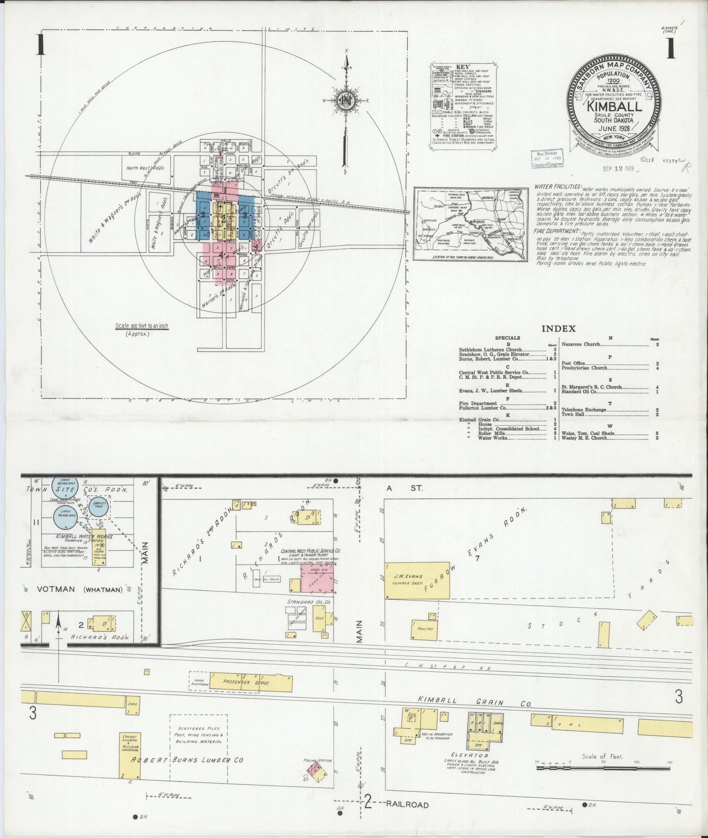 Sanborn Fire Insurance Map from Kimball, Brule County, South Dakota (1928), Sheet #0001 - Historic Sanborn Fire Insurance Map Print, vintage old map wall art, antique decor, genealogy gift, South Dakota South Dakota map