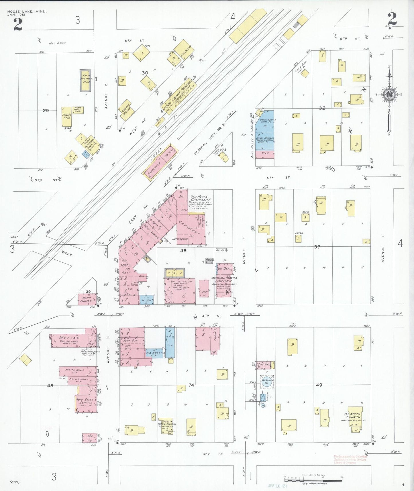 Sanborn Fire Insurance Map from Moose Lake, Carlton County, Minnesota (1951), Sheet #0002 - Complete Map Set gallery image, historic Sanborn map, vintage wall art, Minnesota Minnesota