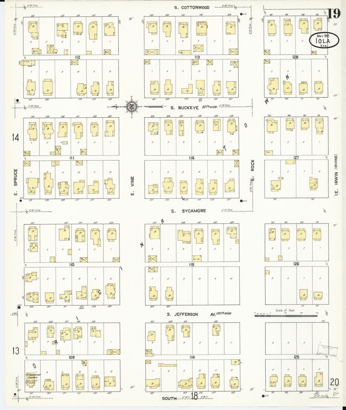 Sanborn Fire Insurance Map from Iola, Allen County, Kansas (1912), Sheet #0019 - Historic Sanborn Fire Insurance Map Print, vintage old map wall art, antique decor, genealogy gift, Kansas Kansas map