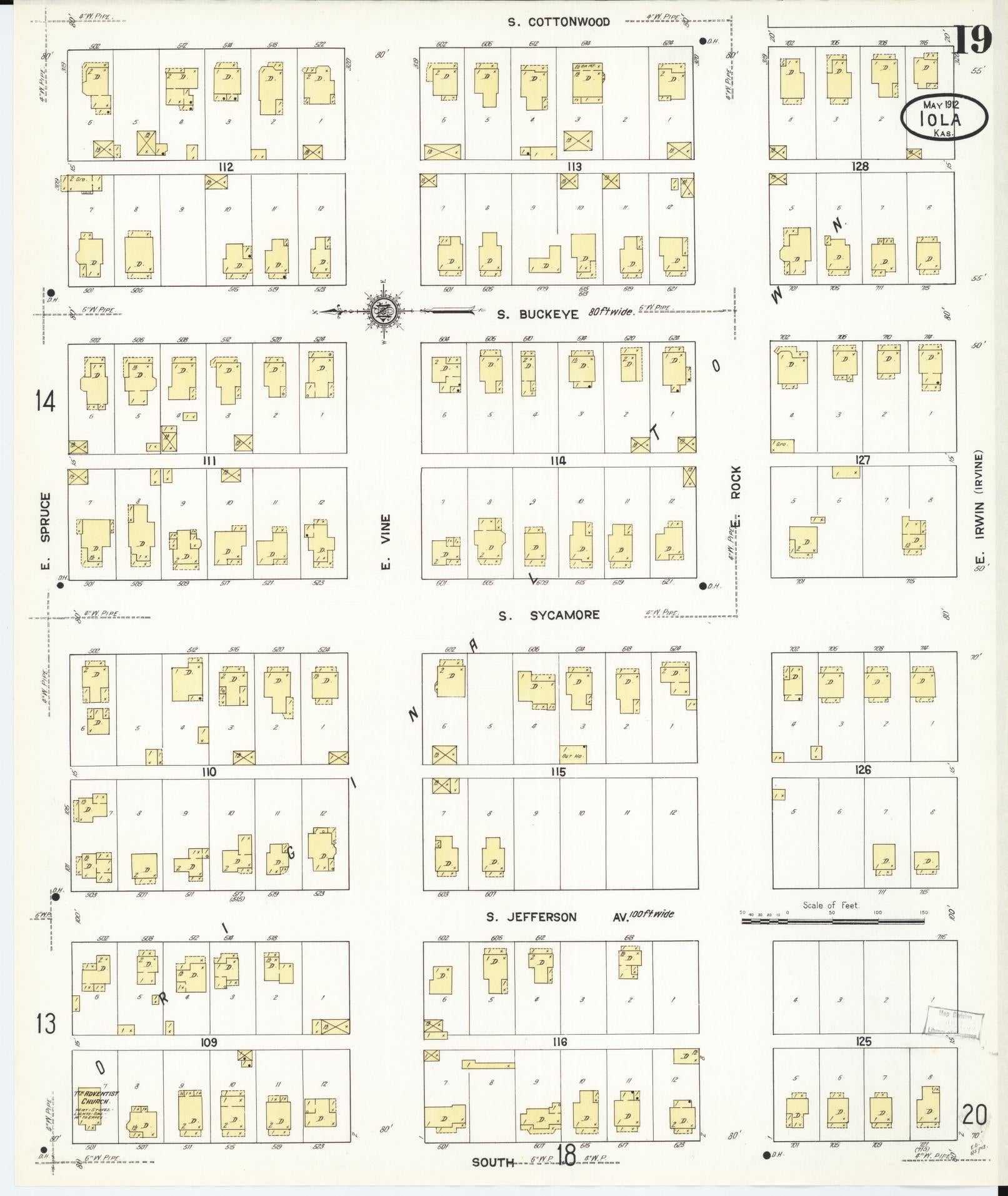 Sanborn Fire Insurance Map from Iola, Allen County, Kansas (1912), Sheet #0019 - Historic Sanborn Fire Insurance Map Print, vintage old map wall art, antique decor, genealogy gift, Kansas Kansas map
