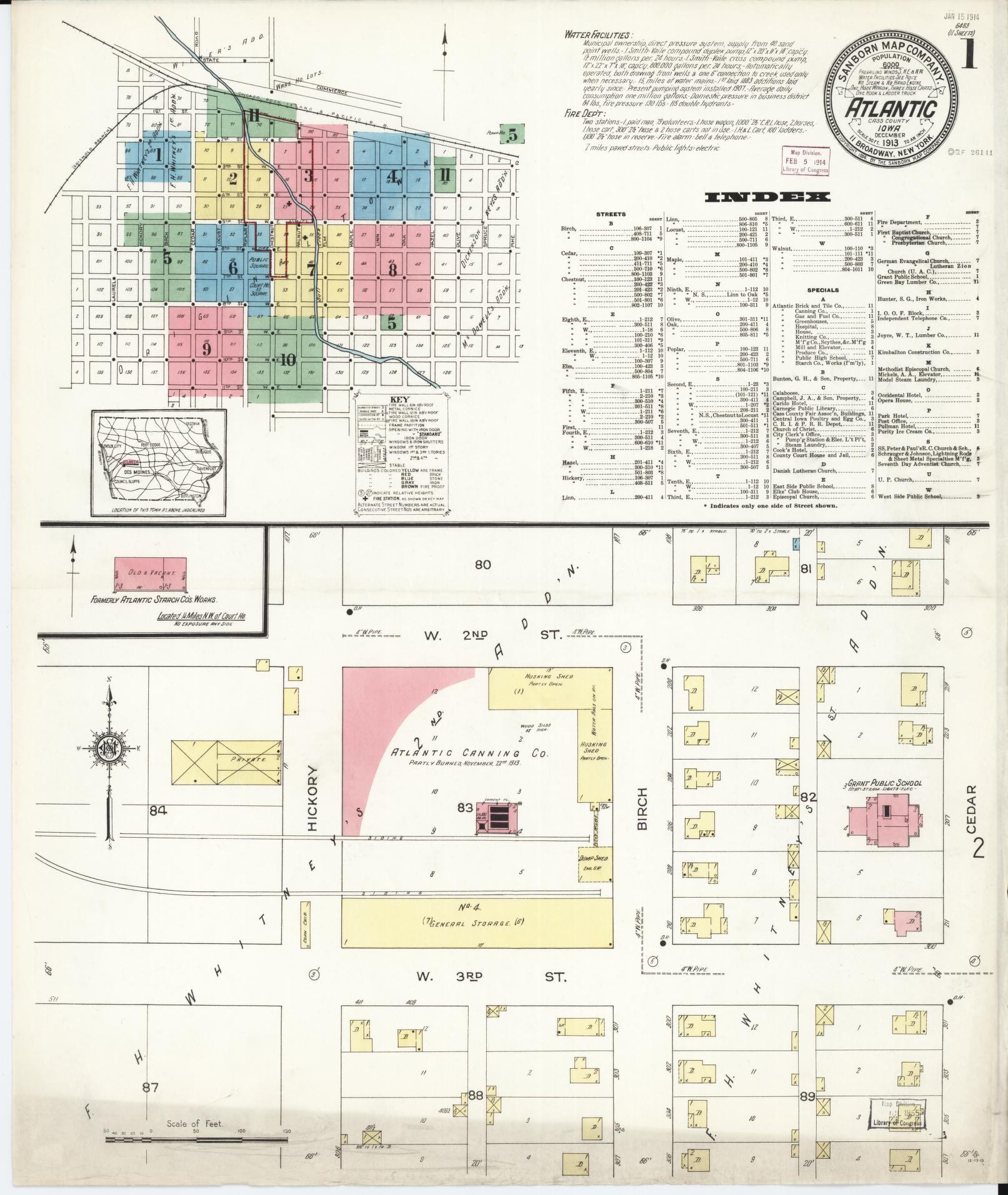 Sanborn Fire Insurance Map from Atlantic, Cass County, Iowa (1913), Sheet #0001 - Historic Sanborn Fire Insurance Map Print, vintage old map wall art