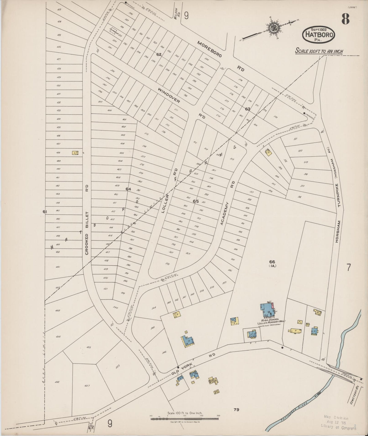 Sanborn Fire Insurance Map from Hatboro, Montgomery County, Pennsylvania (1922), Sheet #0008 - Historic Sanborn Fire Insurance Map Print, vintage old map wall art, antique decor, genealogy gift, Pennsylvania Pennsylvania map