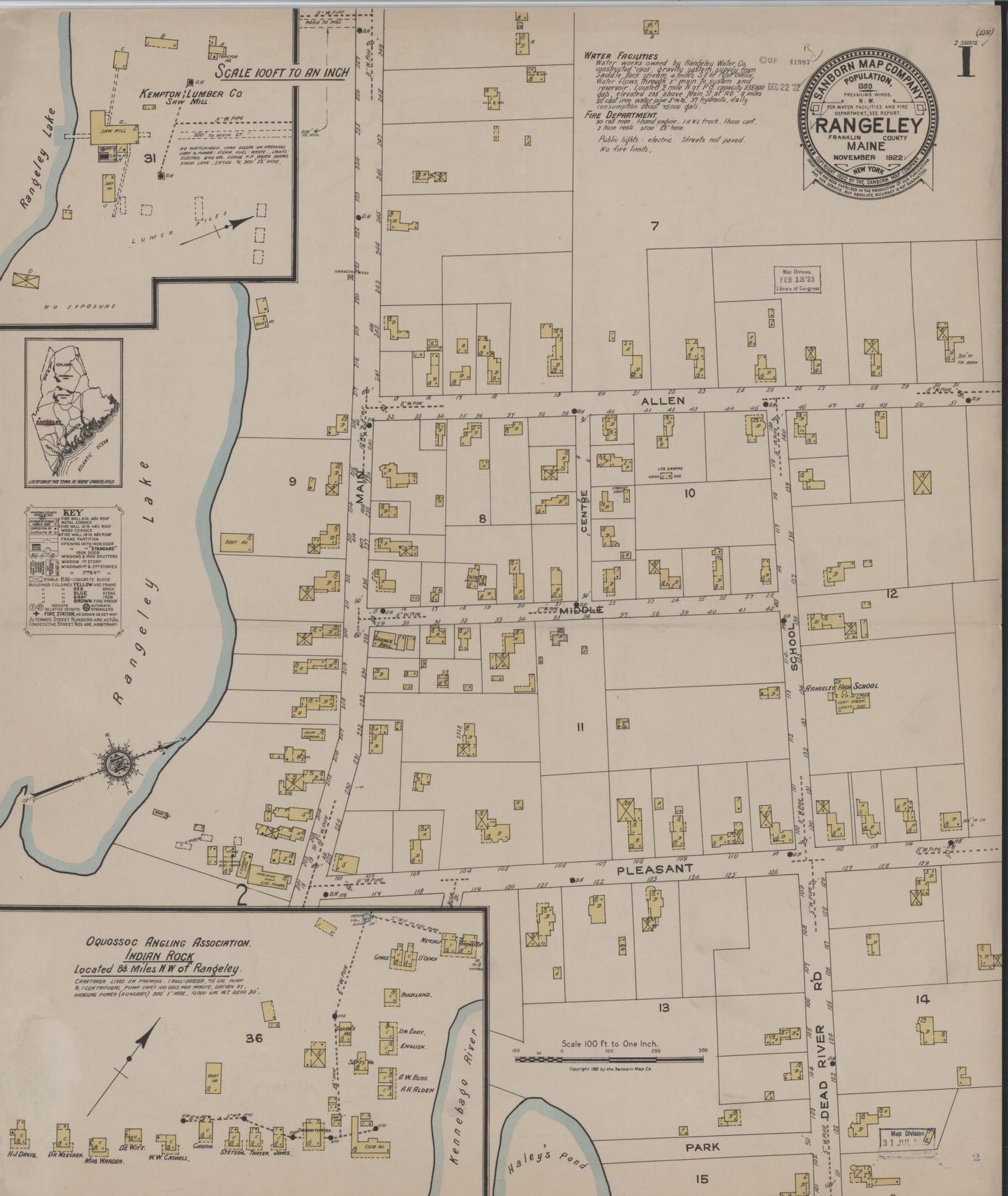 Sanborn Fire Insurance Map from Rangeley, Franklin County, Maine (1922), Sheet #0001 - Complete Map Set gallery image, historic Sanborn map, vintage wall art, Maine Maine