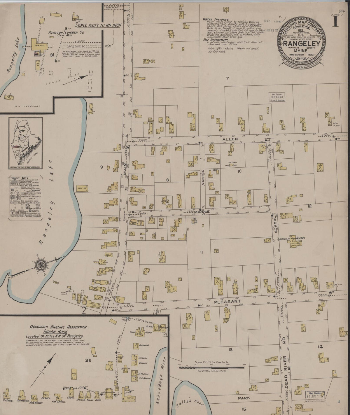 Sanborn Fire Insurance Map from Rangeley, Franklin County, Maine (1922), Sheet #0001 - Complete Map Set gallery image, historic Sanborn map, vintage wall art, Maine Maine