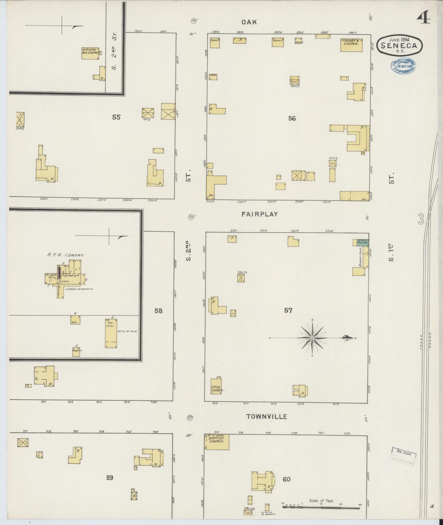 Sanborn Fire Insurance Map from Seneca, Oconee County, South Carolina (1894), Sheet #0004 - Historic Sanborn Fire Insurance Map Print, vintage old map wall art, antique decor, genealogy gift, South Carolina South Carolina map