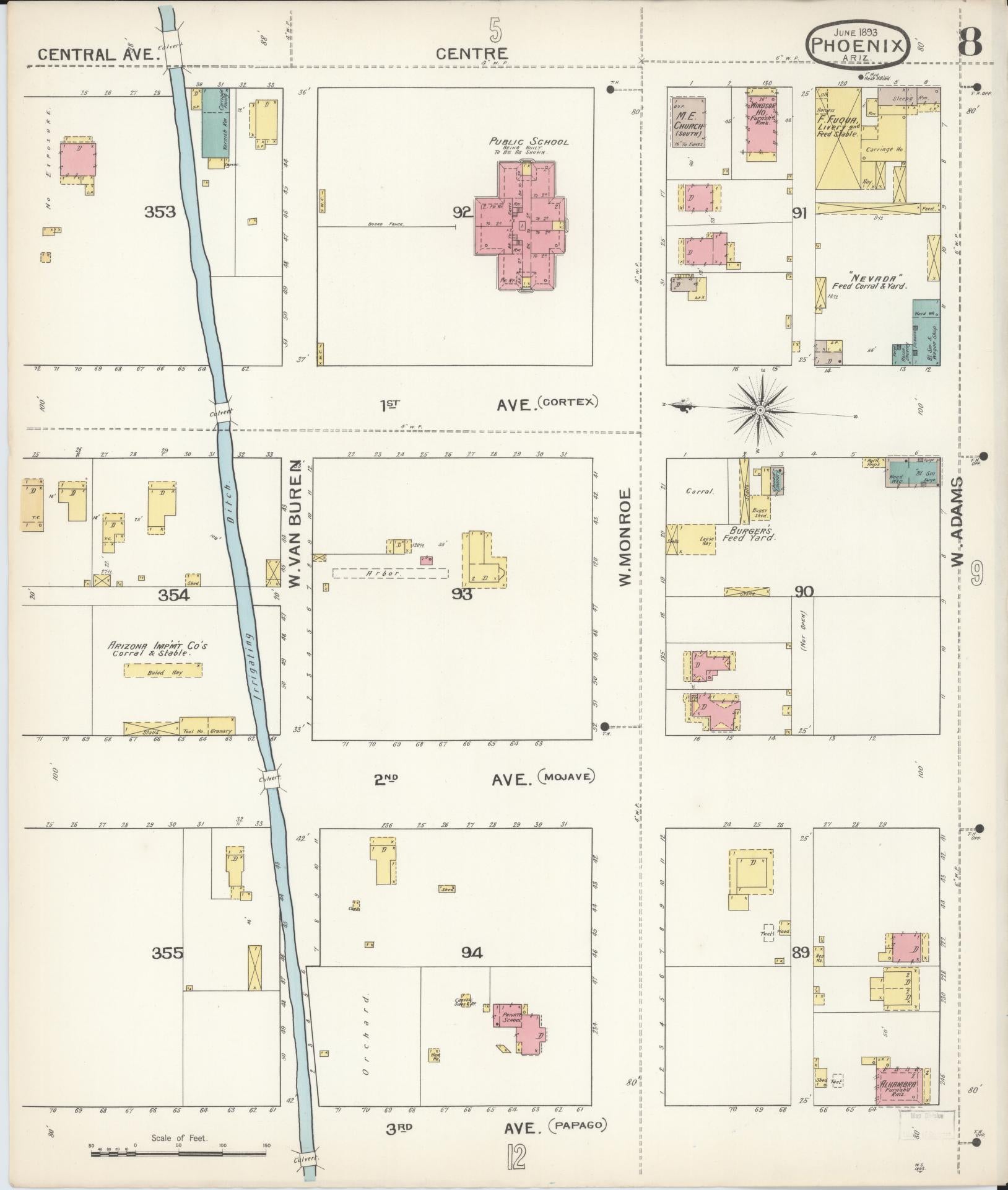 Sanborn Fire Insurance Map from Phoenix, Maricopa County, Arizona (1893), Sheet #0008 - Historic Sanborn Fire Insurance Map Print, vintage old map wall art, antique decor, genealogy gift, Arizona Arizona map