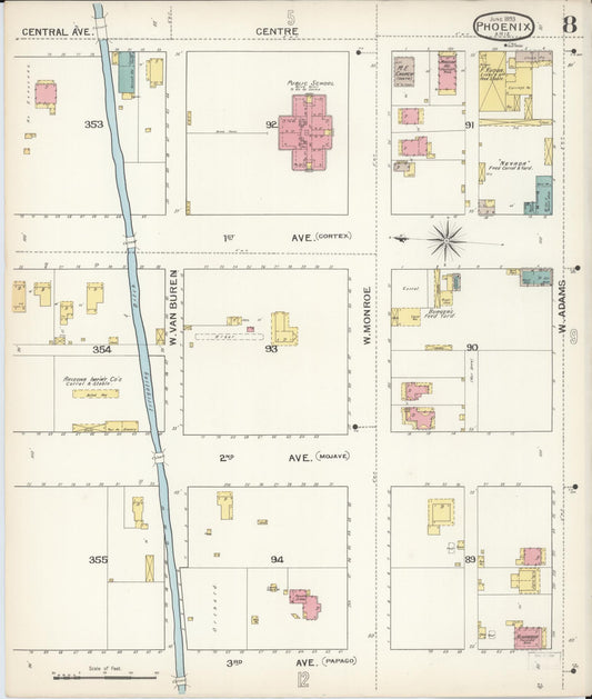 Sanborn Fire Insurance Map from Phoenix, Maricopa County, Arizona (1893), Sheet #0008 - Historic Sanborn Fire Insurance Map Print, vintage old map wall art, antique decor, genealogy gift, Arizona Arizona map