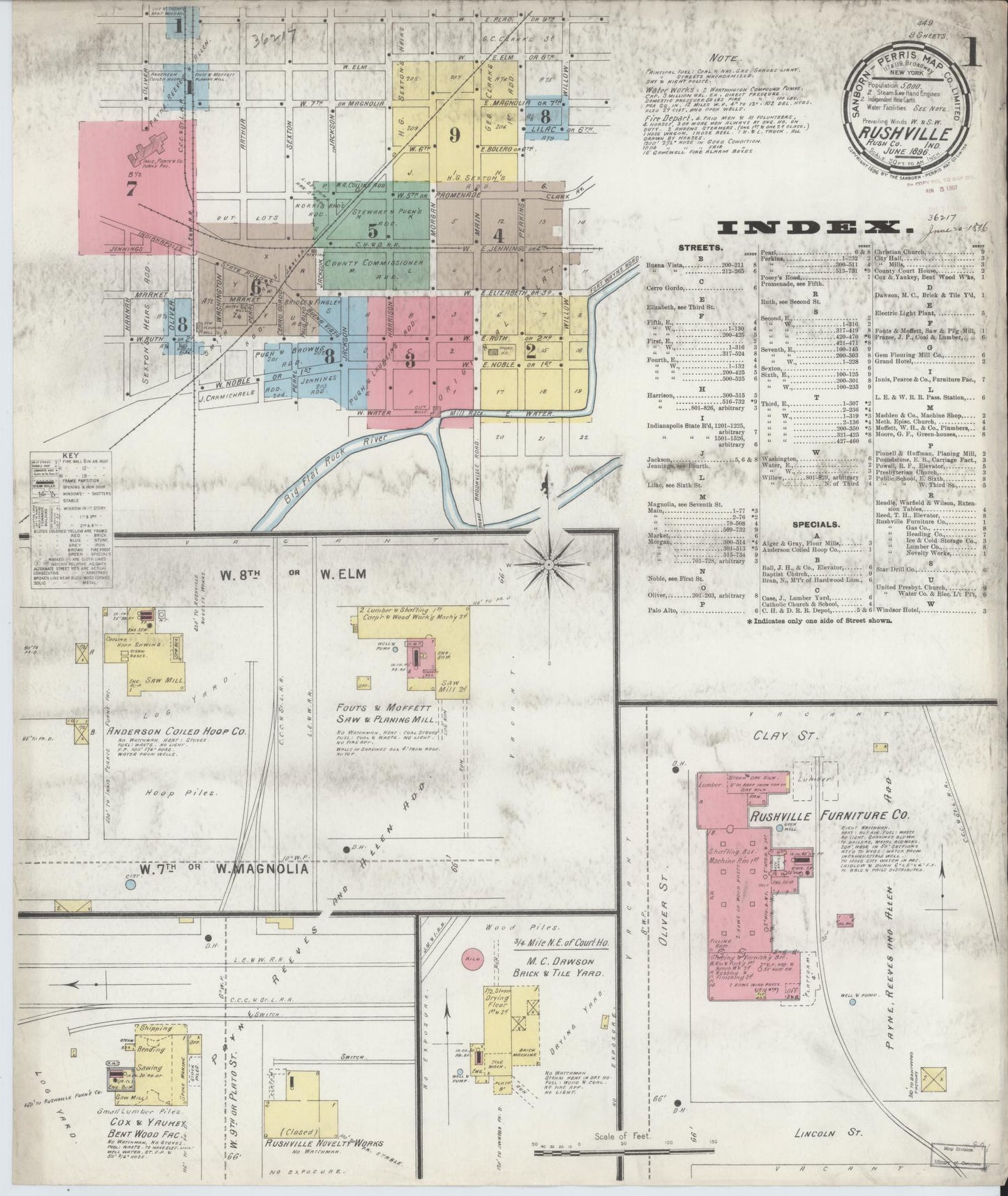 Sanborn Fire Insurance Map from Rushville, Rush County, Indiana (1896), Sheet #0001 - Historic Sanborn Fire Insurance Map Print, vintage old map wall art, antique decor, genealogy gift, Indiana Indiana map