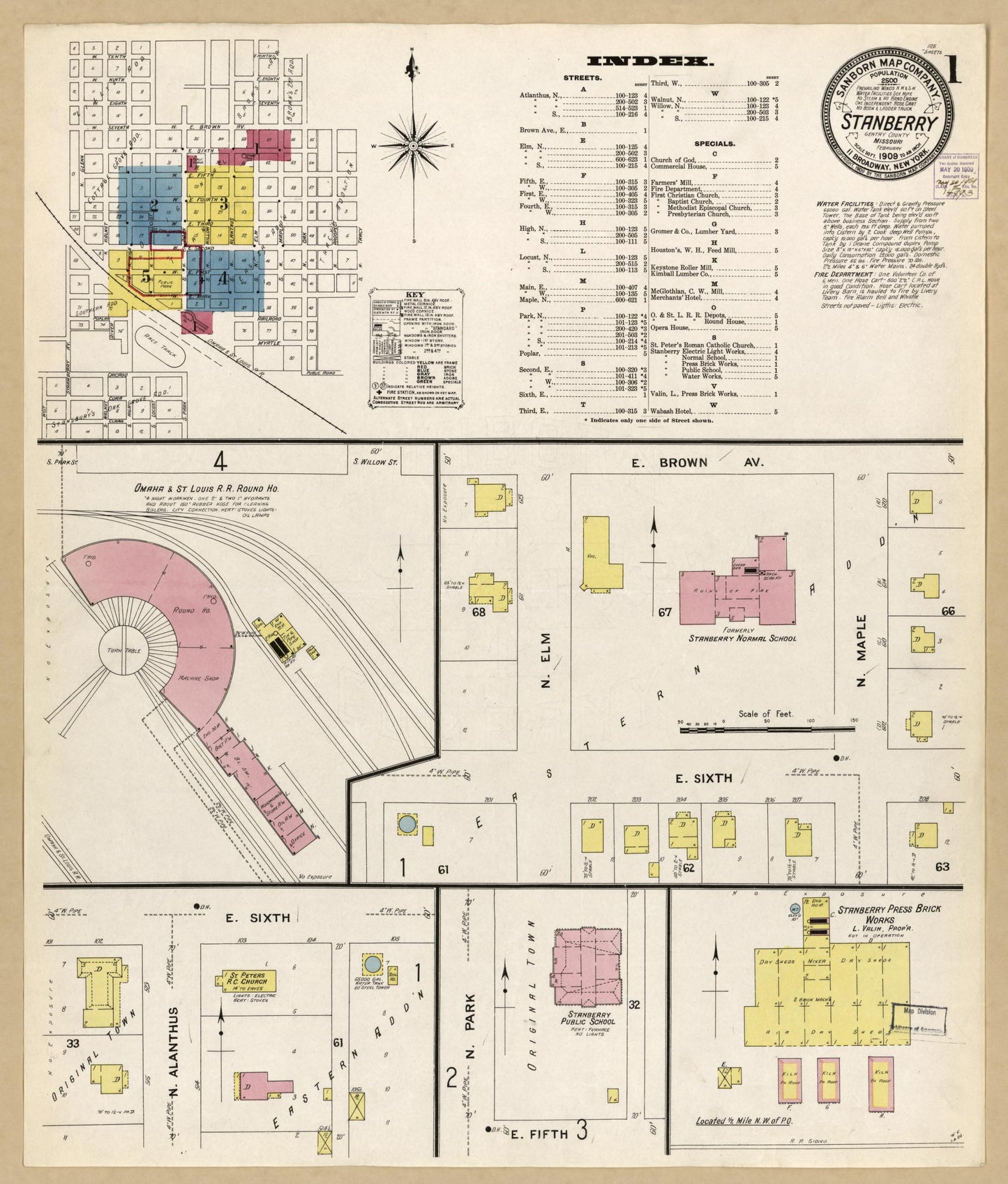 Sanborn Fire Insurance Map from Stanberry, Gentry County, Missouri (1909), Sheet #0001 - Historic Sanborn Fire Insurance Map Print, vintage old map wall art, antique decor, genealogy gift, Missouri Missouri map