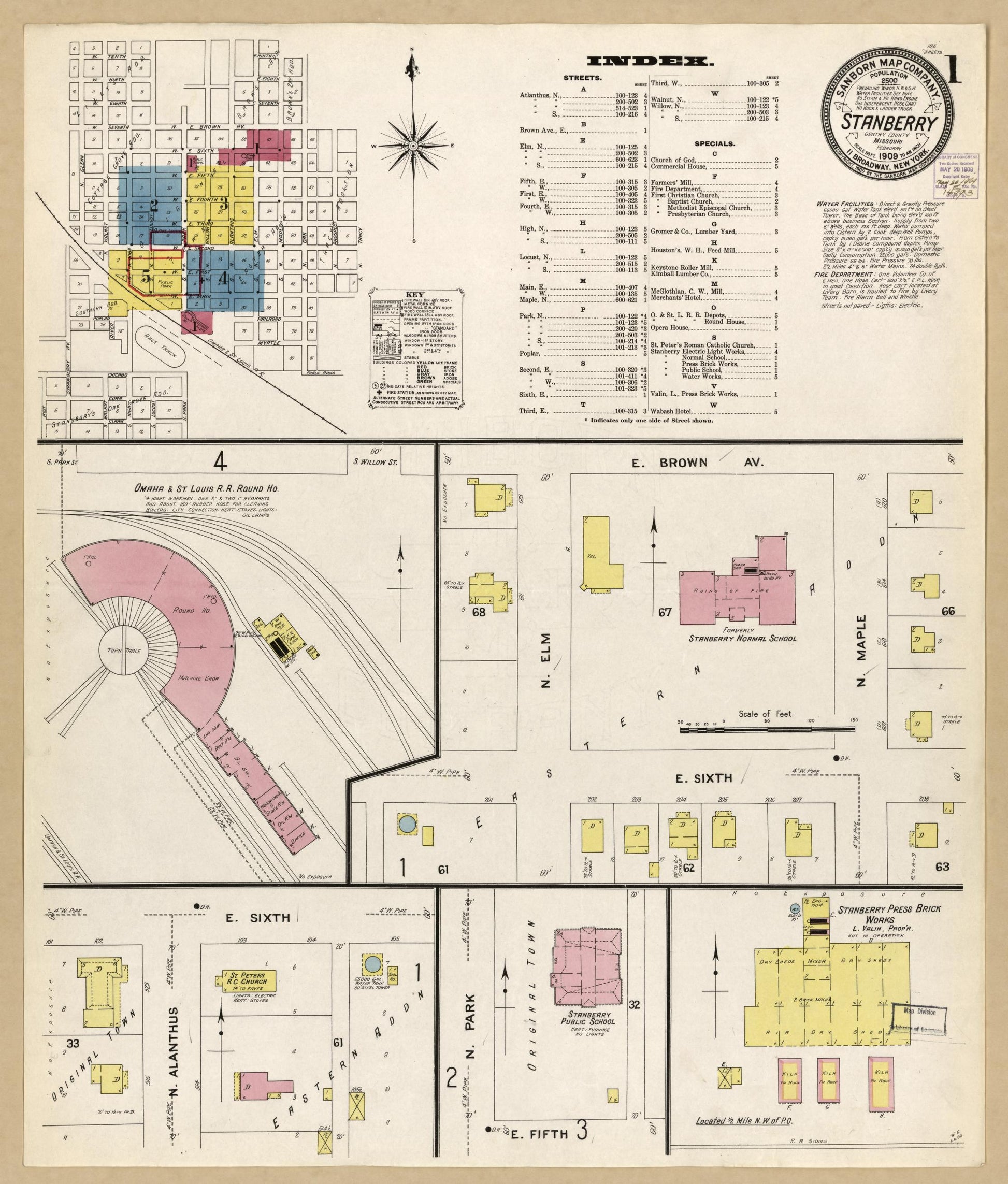 Sanborn Fire Insurance Map from Stanberry, Gentry County, Missouri (1909), Sheet #0001 - Historic Sanborn Fire Insurance Map Print, vintage old map wall art, antique decor, genealogy gift, Missouri Missouri map