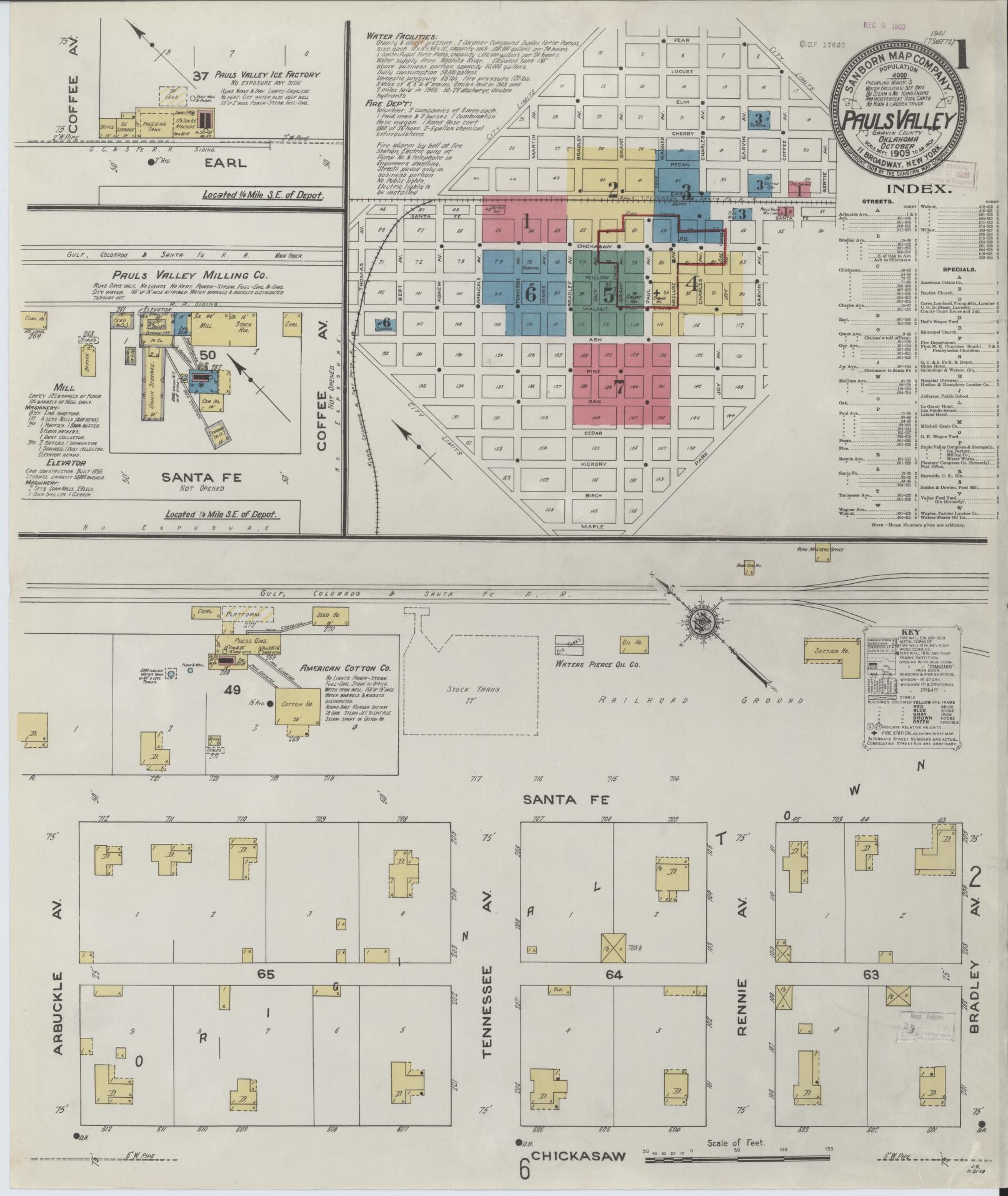 Sanborn Fire Insurance Map from Pauls Valley, Garvin County, Oklahoma (1909), Sheet #0001 - Historic Sanborn Fire Insurance Map Print, vintage old map wall art, antique decor, genealogy gift, Oklahoma Oklahoma map