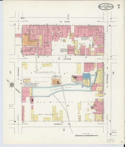 Sanborn Fire Insurance Map from Battle Creek, Calhoun County, Michigan (1913), Sheet #0007 - Historic Sanborn Fire Insurance Map Print, vintage old map wall art, antique decor, genealogy gift, Michigan Michigan map