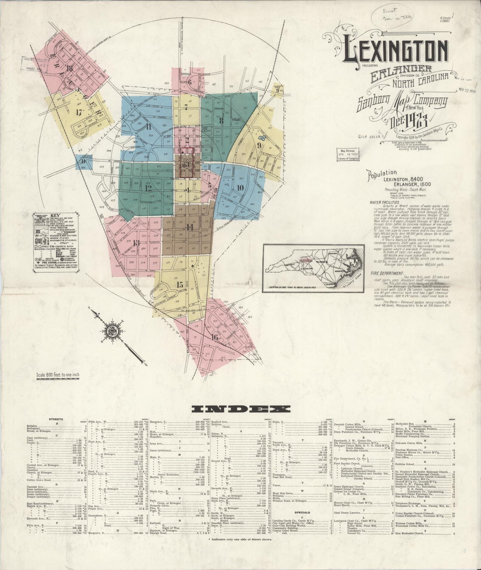 Sanborn Fire Insurance Map from Lexington, Davidson County, North Carolina (1923), Sheet #0001 - Complete Map Set gallery image, historic Sanborn map, vintage wall art, North Carolina North Carolina