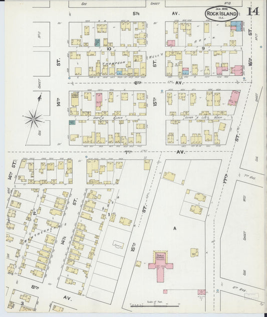 Sanborn Fire Insurance Map from Rock Island, Rock Island County, Illinois (1892), Sheet #0014 - Historic Sanborn Fire Insurance Map Print, vintage old map wall art, antique decor, genealogy gift, Illinois Illinois map