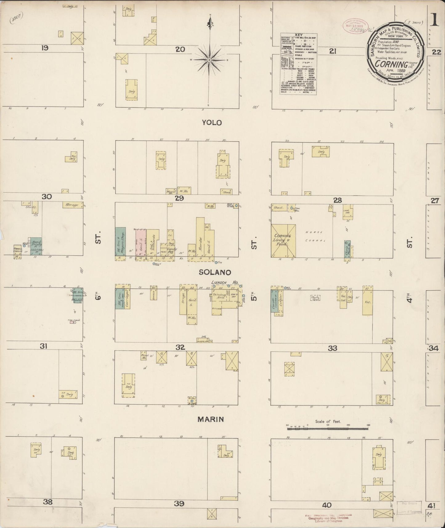 Sanborn Fire Insurance Map from Corning, Tehama County, California (1889), Sheet #0001 - Historic Sanborn Fire Insurance Map Print, vintage old map wall art, antique decor, genealogy gift, California California map