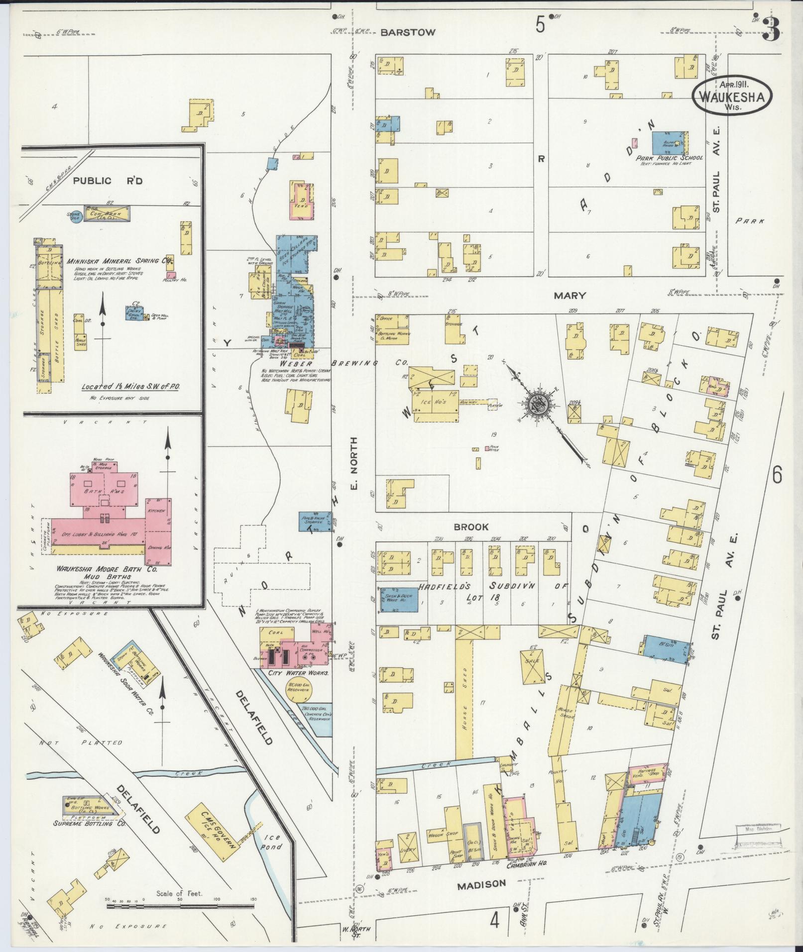 Sanborn Fire Insurance Map from Waukesha, Waukesha County, Wisconsin (1911), Sheet #0003 - Historic Sanborn Fire Insurance Map Print, vintage old map wall art, antique decor, genealogy gift, Wisconsin Wisconsin map
