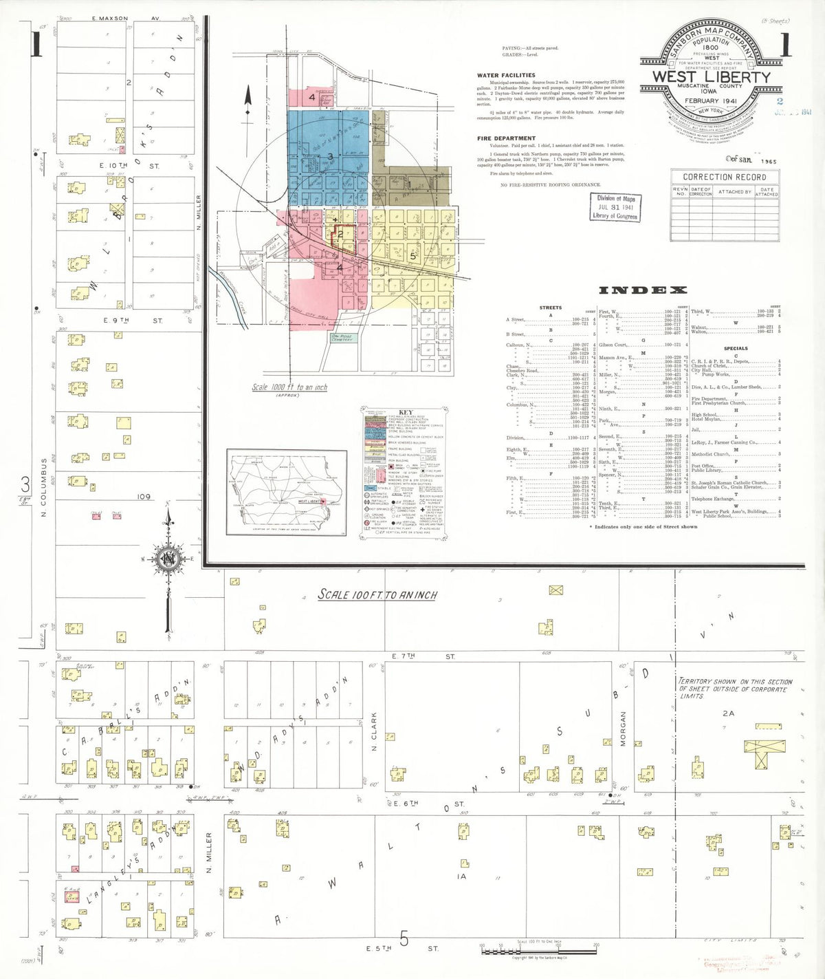 Sanborn Fire Insurance Map from West Liberty, Muscatine County, Iowa (1941), Sheet #0001 - Historic Sanborn Fire Insurance Map Print, vintage old map wall art