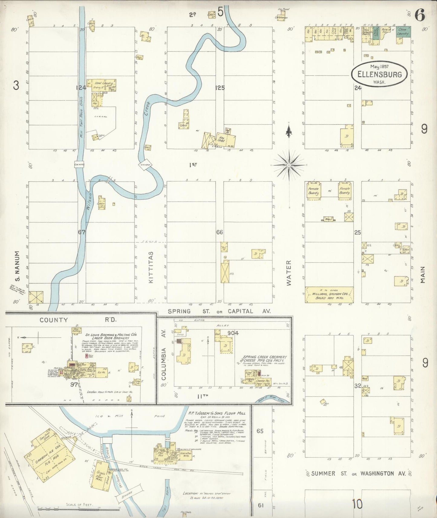 Sanborn Fire Insurance Map from Ellensburg, Kittitas County, Washington (1897), Sheet #0006 - Historic Sanborn Fire Insurance Map Print, vintage old map wall art, antique decor, genealogy gift, Washington Washington map