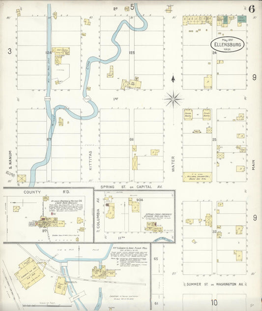 Sanborn Fire Insurance Map from Ellensburg, Kittitas County, Washington (1897), Sheet #0006 - Historic Sanborn Fire Insurance Map Print, vintage old map wall art, antique decor, genealogy gift, Washington Washington map