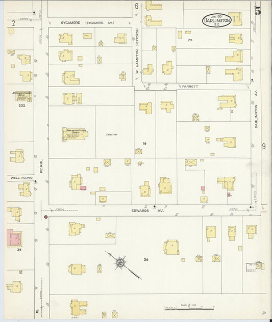 Sanborn Fire Insurance Map from Darlington, Darlington County, South Carolina (1913), Sheet #0005 - Historic Sanborn Fire Insurance Map Print, vintage old map wall art, antique decor, genealogy gift, South Carolina South Carolina map