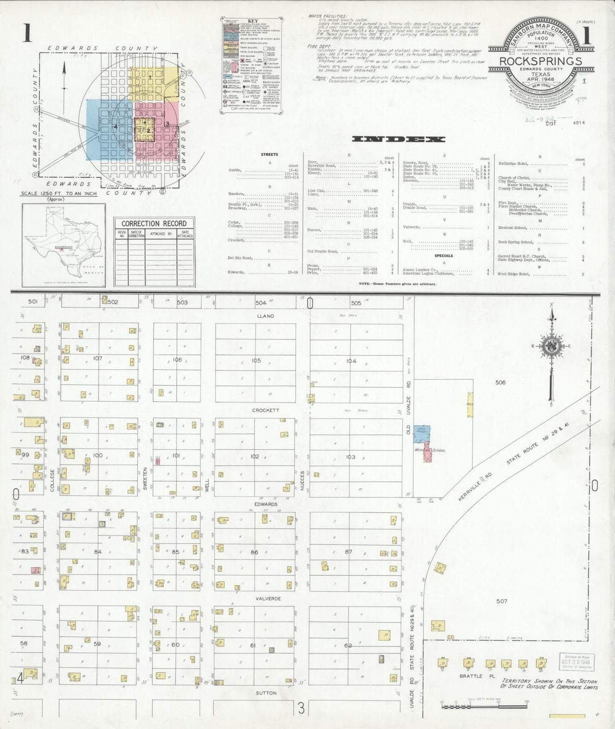 Sanborn Fire Insurance Map from Rocksprings, Edwards County, Texas (1948), Sheet #0001 - Complete Map Set gallery image, historic Sanborn map, vintage wall art, Texas Texas