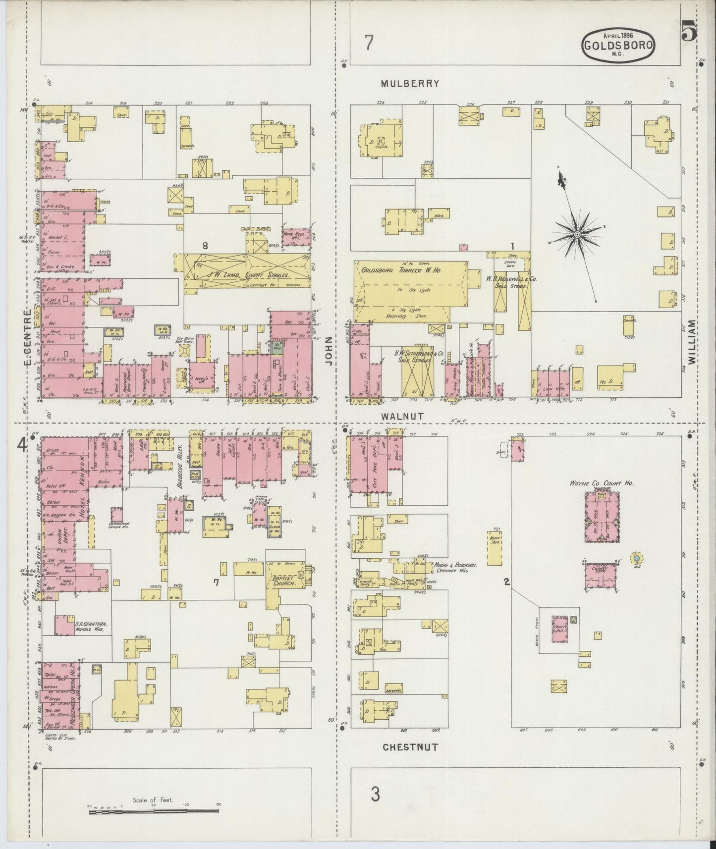 Sanborn Fire Insurance Map from Goldsboro, Wayne County, North Carolina (1896), Sheet #0005 - Complete Map Set gallery image, historic Sanborn map, vintage wall art, North Carolina North Carolina