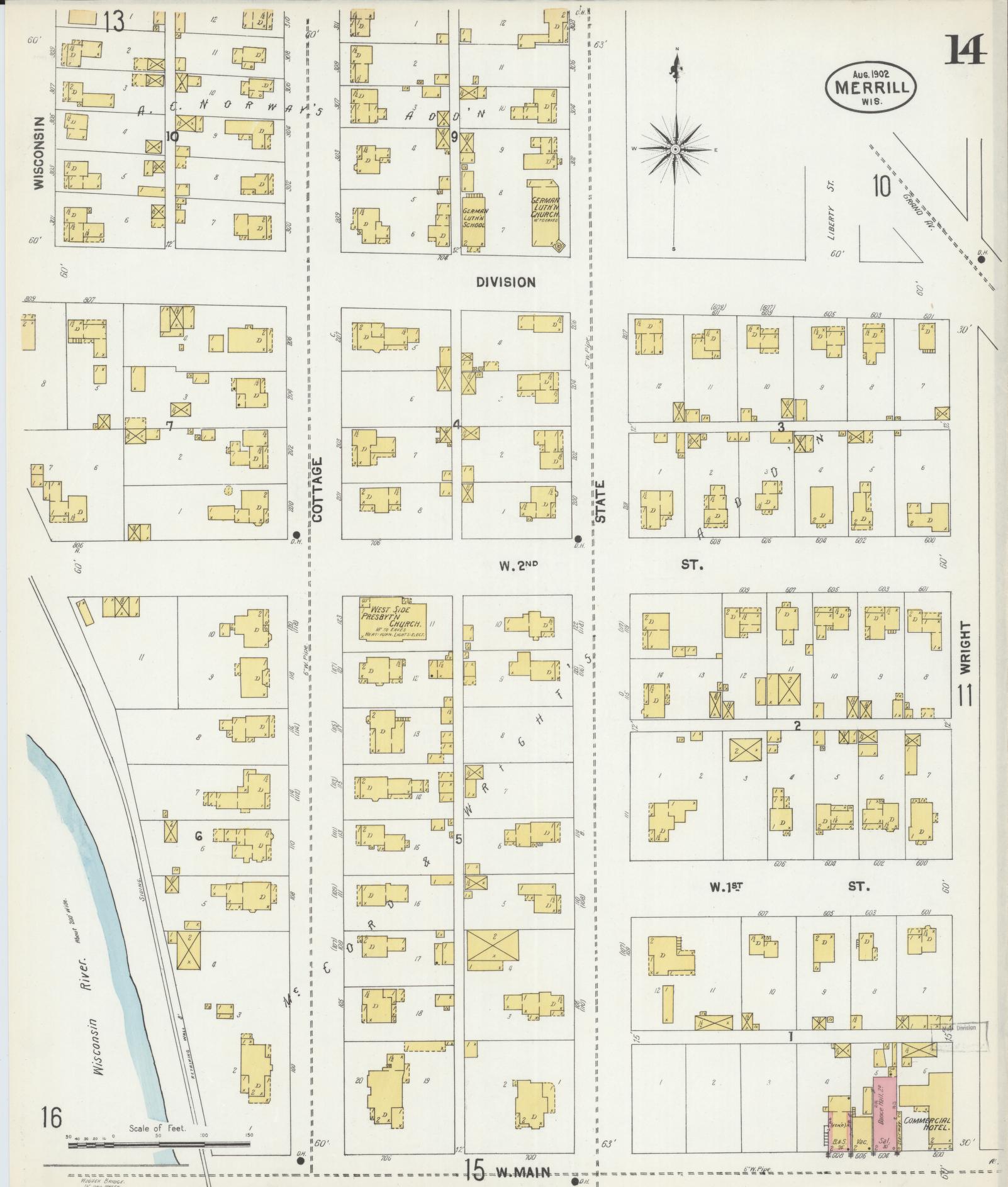 Sanborn Fire Insurance Map from Merrill, Lincoln County, Wisconsin (1902), Sheet #0014 - Complete Map Set gallery image, historic Sanborn map, vintage wall art, Wisconsin Wisconsin