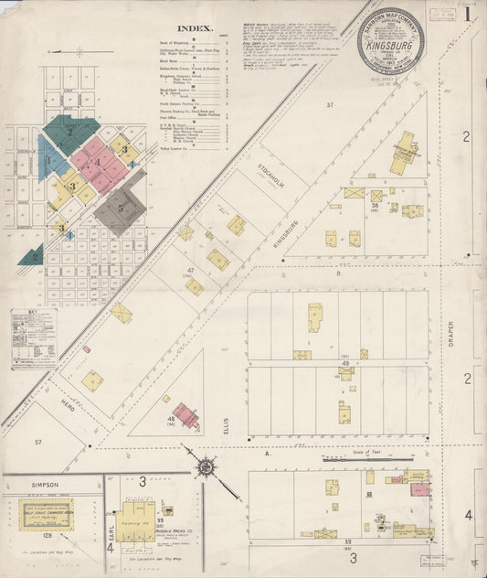 Sanborn Fire Insurance Map from Kingsburg, Fresno County, California (1913), Sheet #0001 - Complete Map Set gallery image, historic Sanborn map, vintage wall art, California California